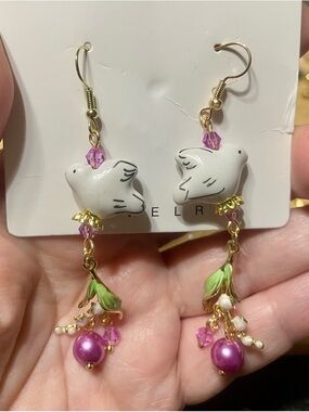 Hand Crafted White Bird Drop Earrings with Pink and Green Accents